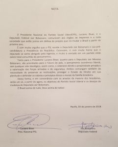 Nota assinada pelo presidente do PSL, Luciano Bivar e Bolsonaro